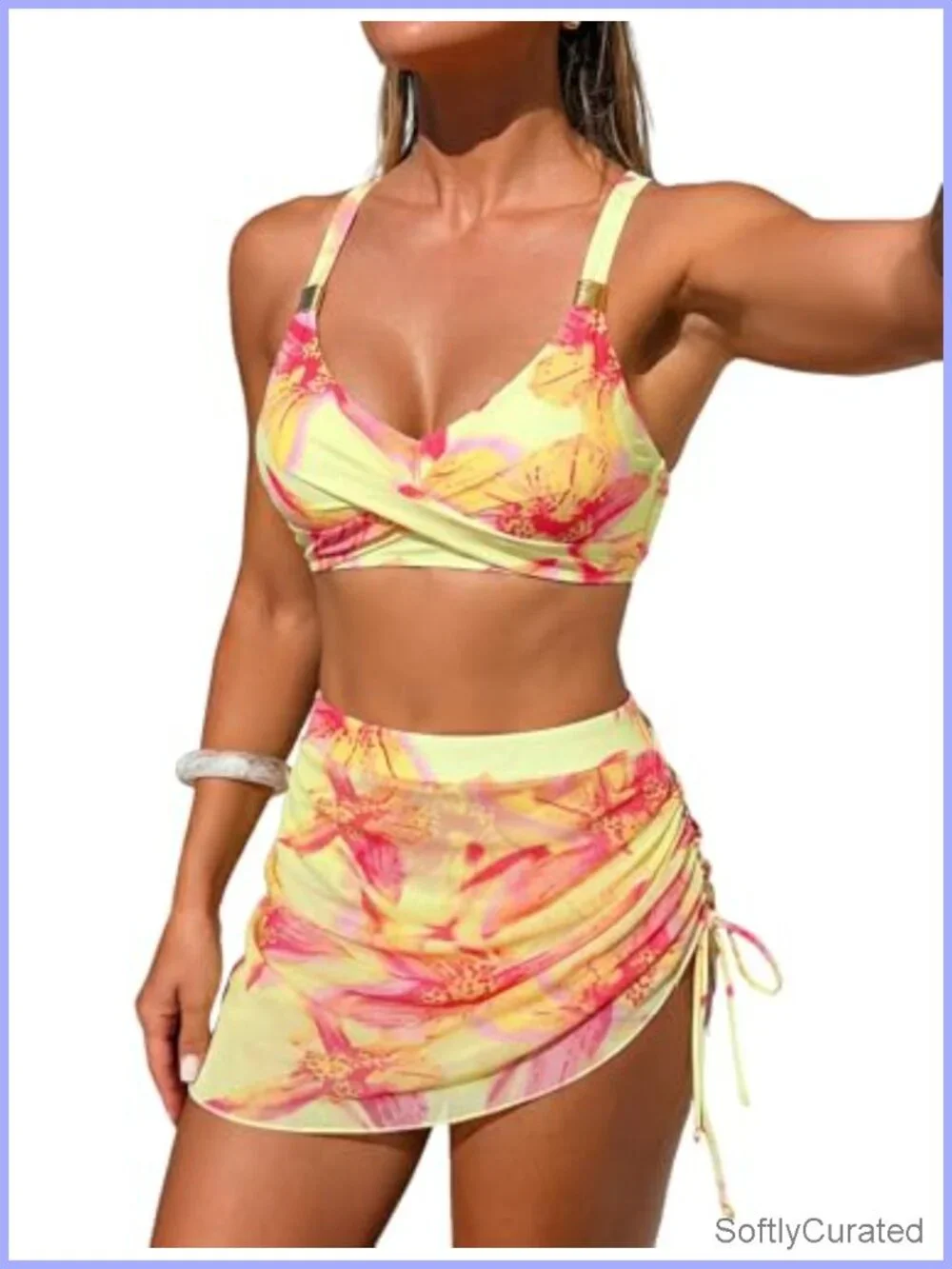 High Waisted Tummy Control Bikini Set with Metal Twist Detail and Sarong Wrap